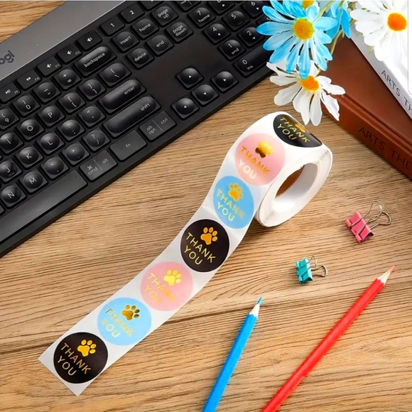 1" 500pcs Multi Color Round Thank You Stickers with Paw Print - Picture 1 of 3